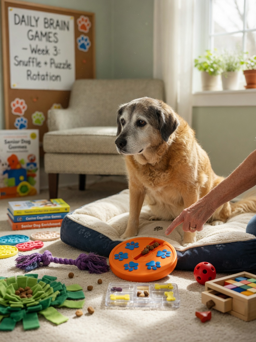 Senior dog with gray muzzle engaging with interactive puzzle toys on a soft bed, with owner's hand gently guiding the dog's attention to a treat-dispensing toy in bright natural light.