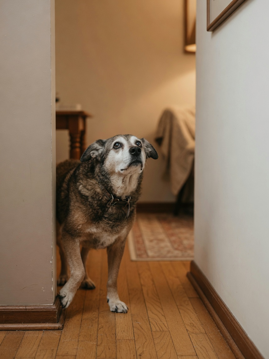 Elderly senior dog standing confused in a corner, staring blankly at a wall, showing signs of disorientation
