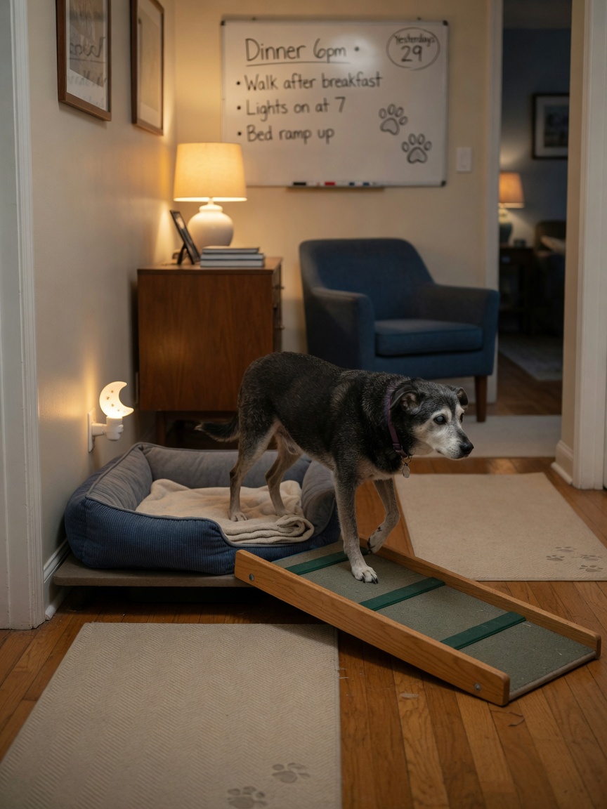 Senior dog-friendly home interior with nightlights, non-slip mats, ramp to bed, and safety adaptations for cognitive dysfunction