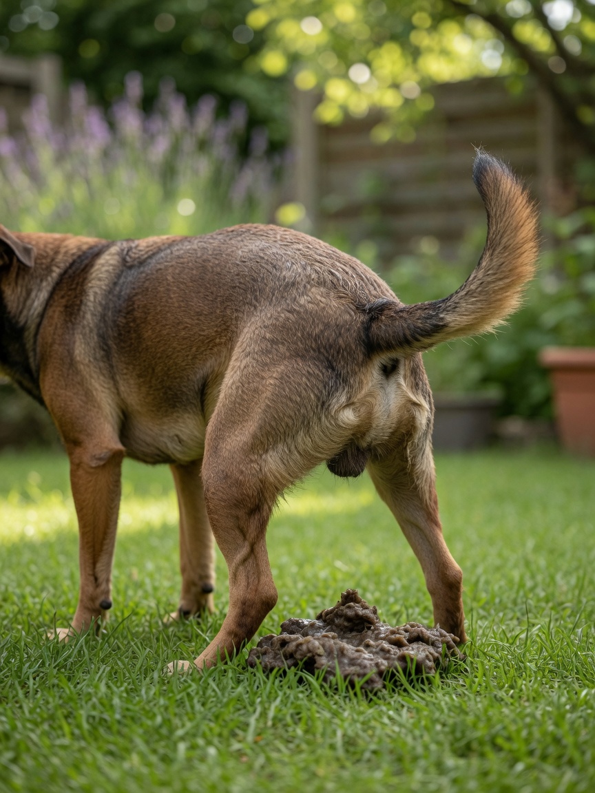 Dog displaying signs of urgency and straining during bowel movement in a garden