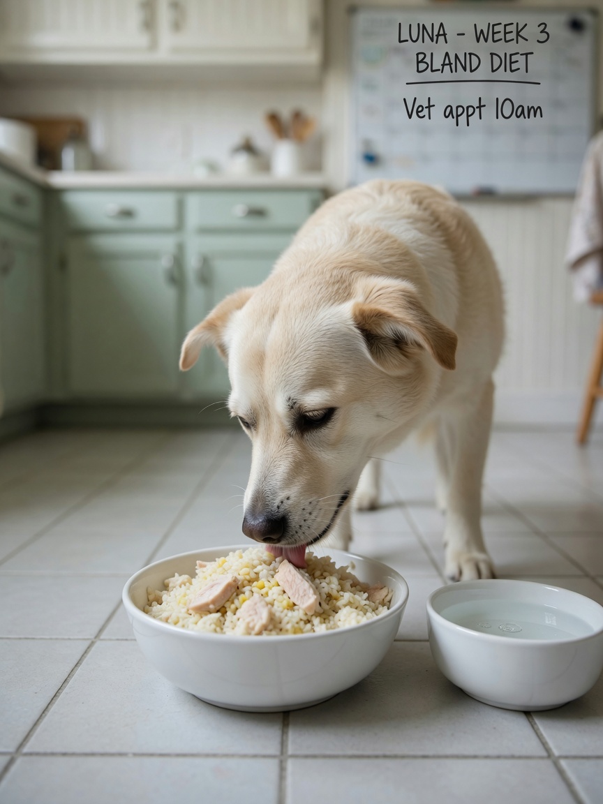 Dog eating a bland diet of boiled chicken and rice from a bowl during colitis recovery