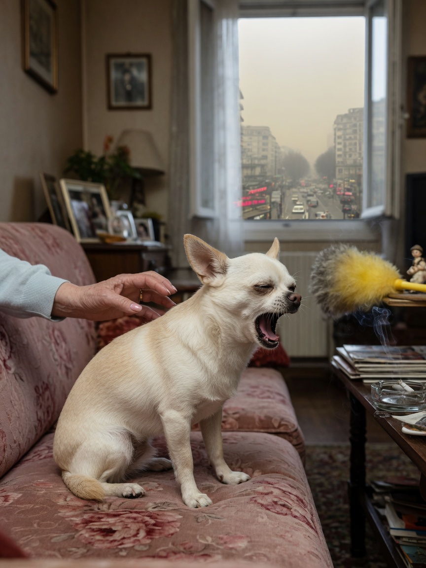 Small Chihuahua coughing in home environment with environmental triggers like cigarette smoke and dust visible