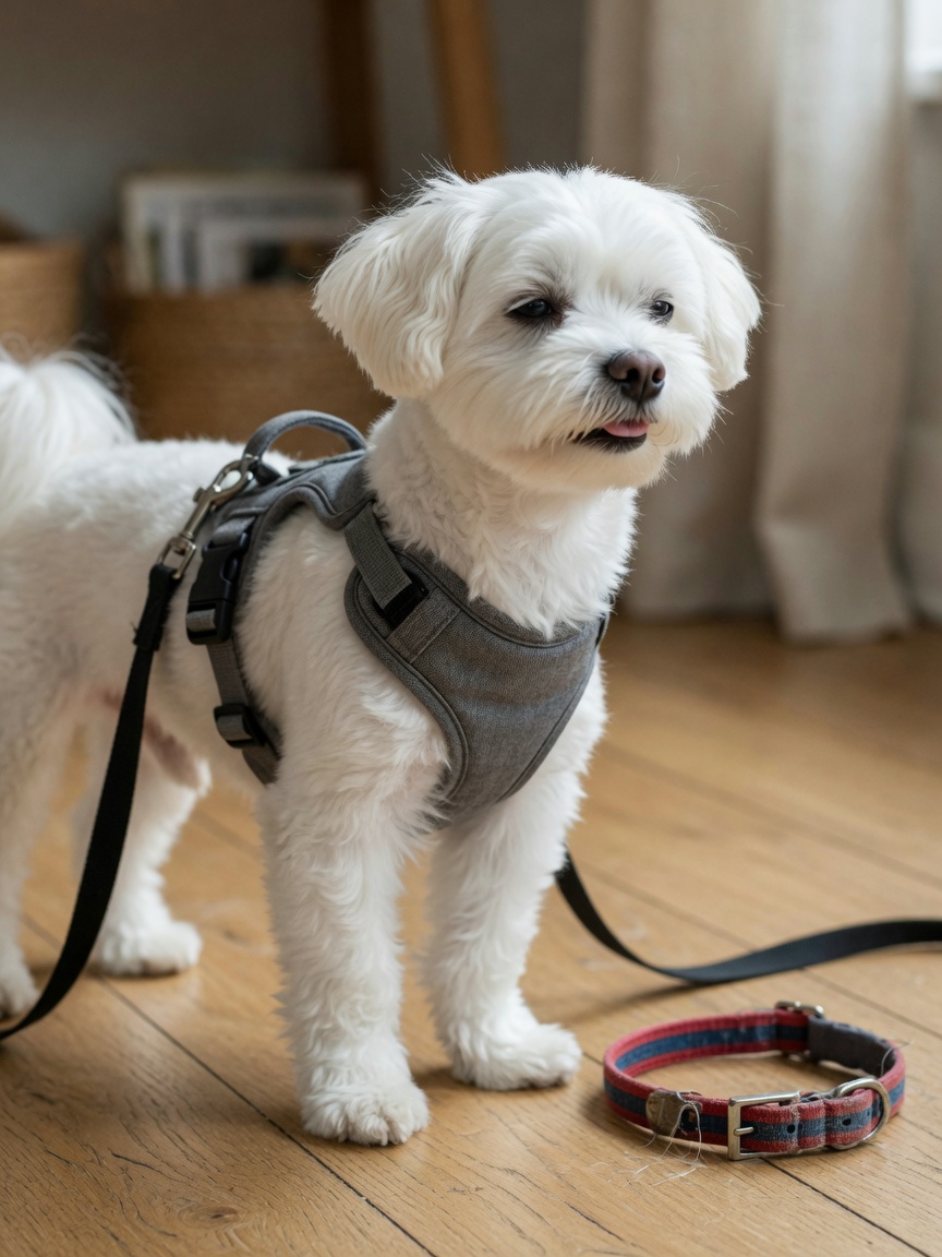 Maltese dog properly fitted with chest harness showing correct positioning away from the neck, with traditional collar discarded nearby