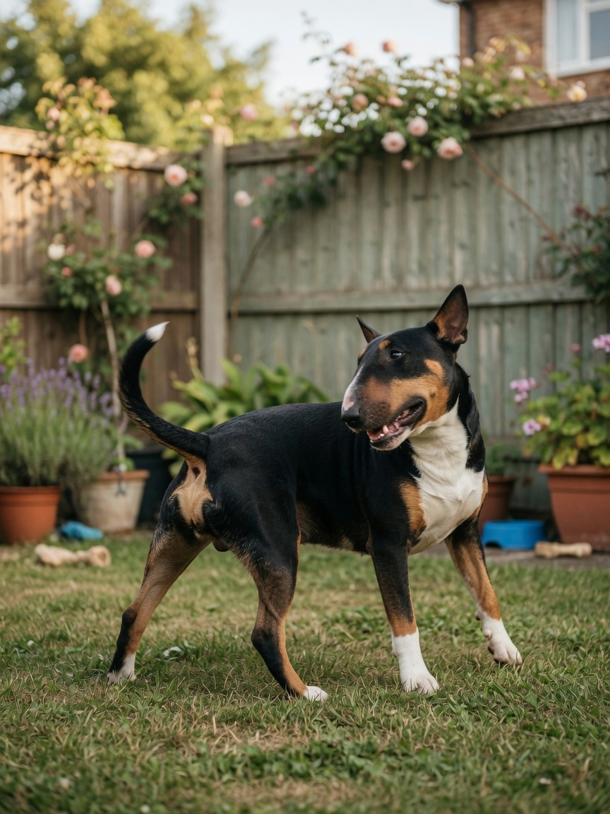 Bull Terrier compulsively tail-chasing in circles in a garden setting