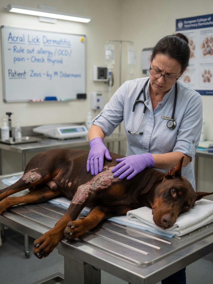 Veterinarian examining a Dobermann's leg and flank showing acral lick dermatitis lesions caused by compulsive licking