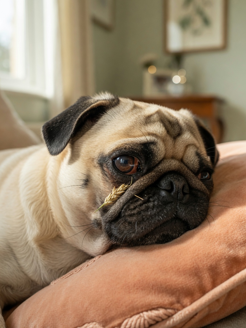 Pug with prominent eyes showing signs of eye irritation from a foreign body lodged near the tear duct