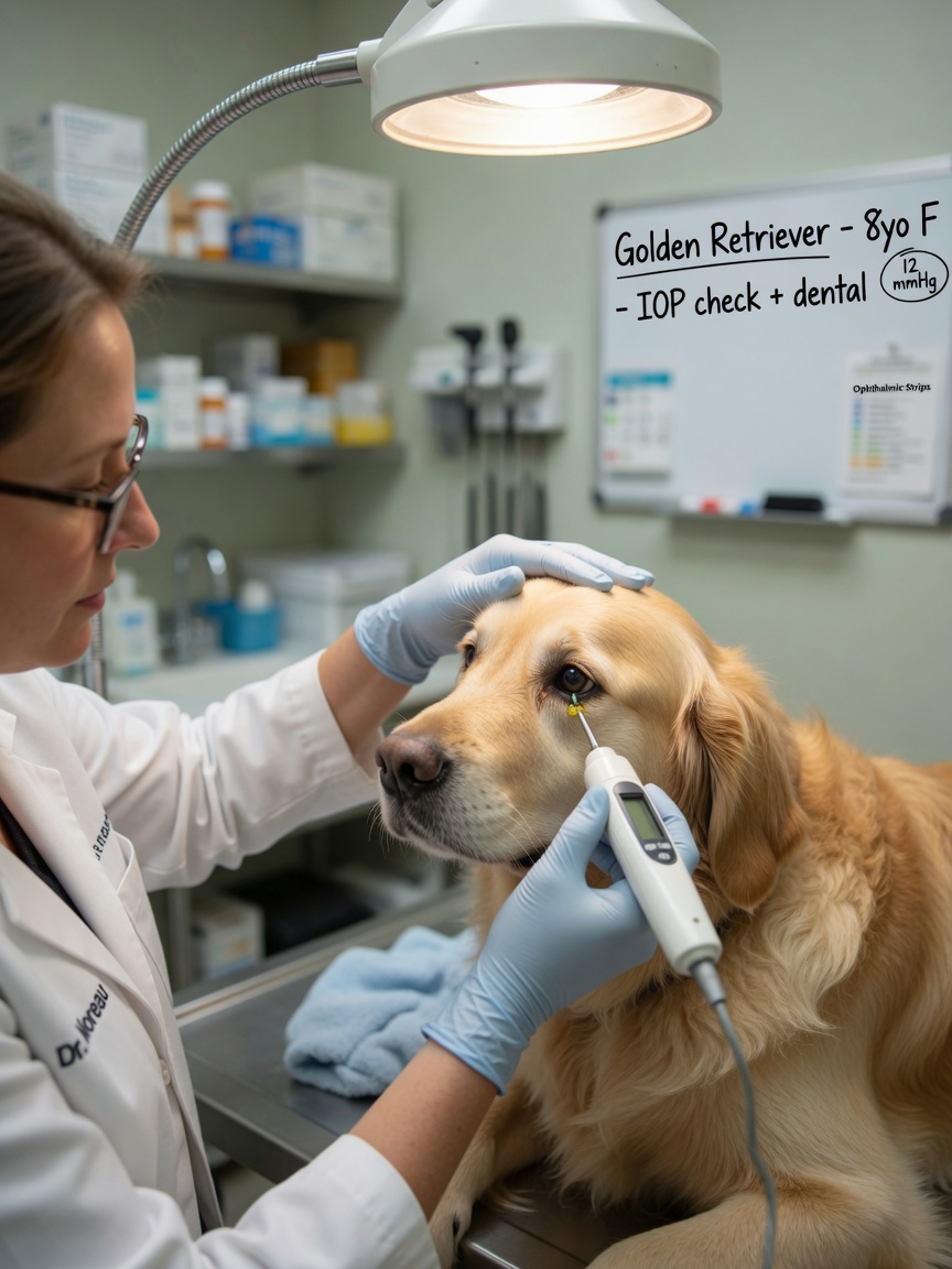 Veterinarian performing intraocular pressure measurement with tonometer on a golden retriever to rule out glaucoma