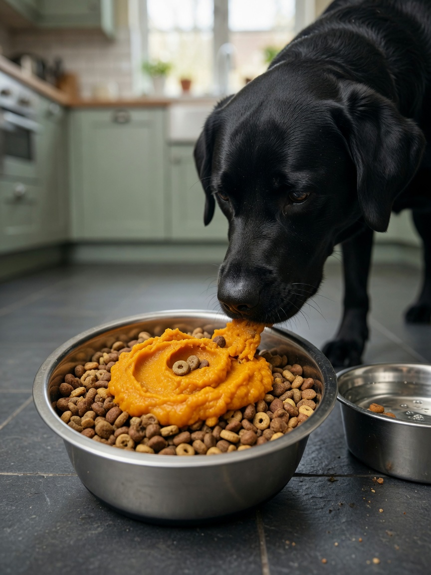 Pumpkin puree mixed into dog food bowl with Labrador sniffing