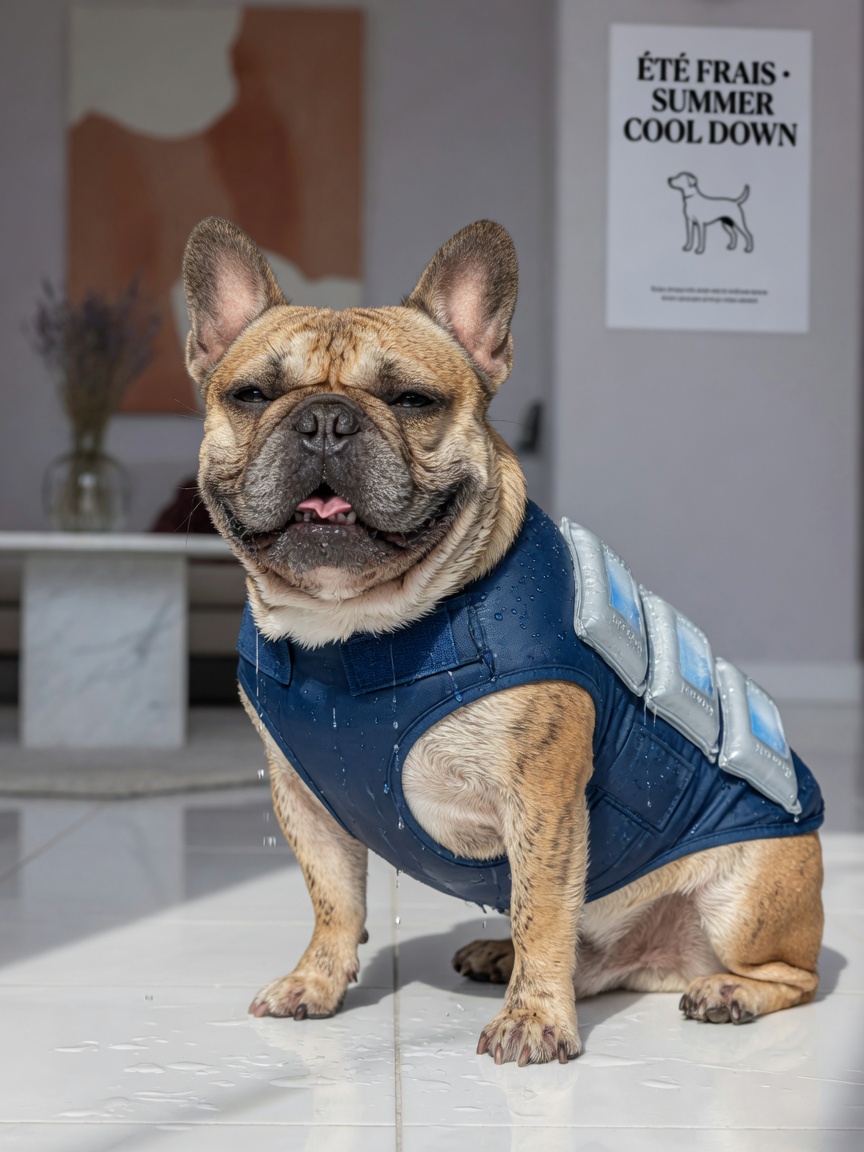 French Bulldog wearing an ice-based cooling vest with visible cooling packs, sitting on cool tile flooring