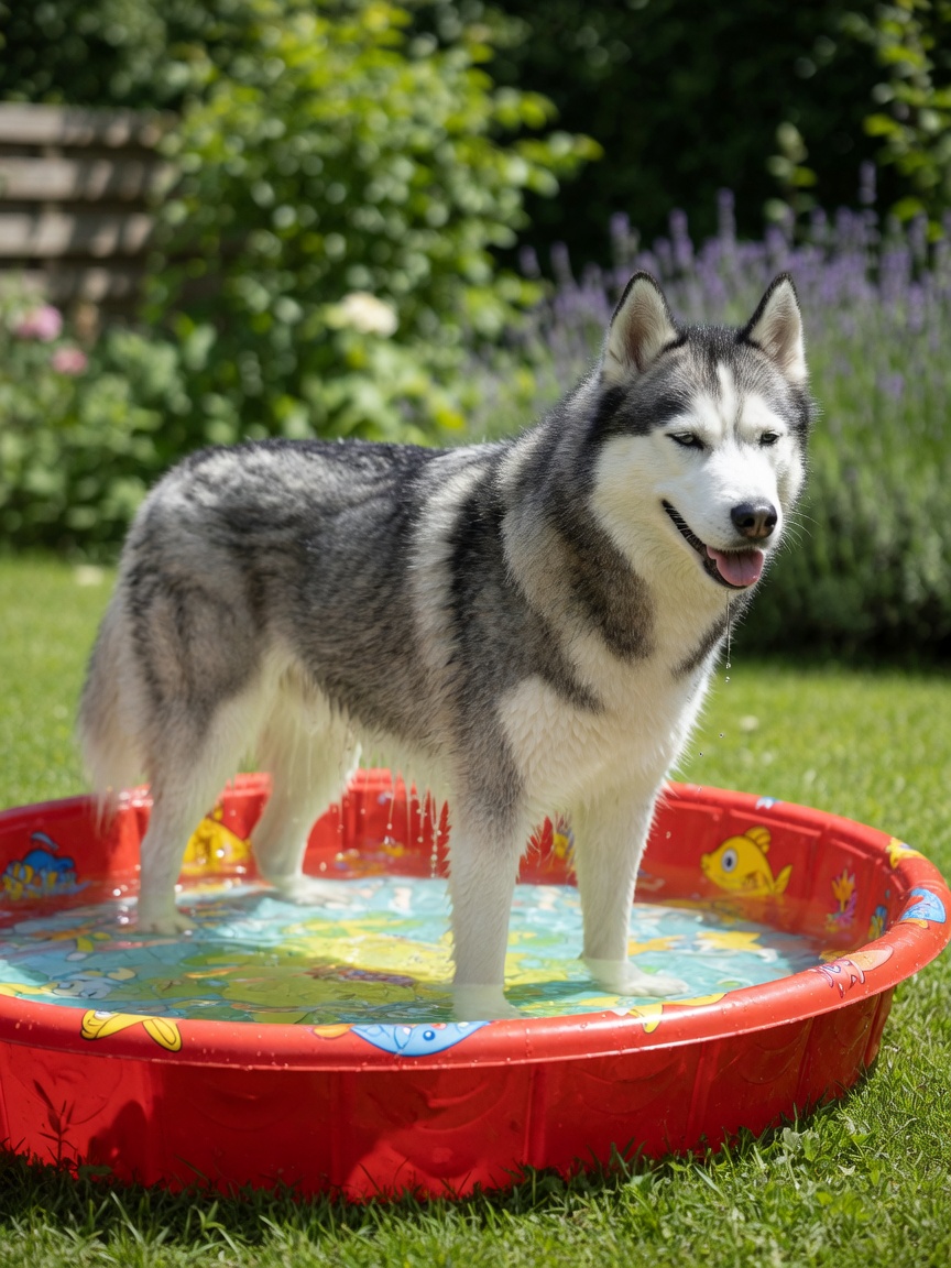 Siberian Husky with blue eyes and thick double coat standing in a shallow paddling pool to cool down from summer heat