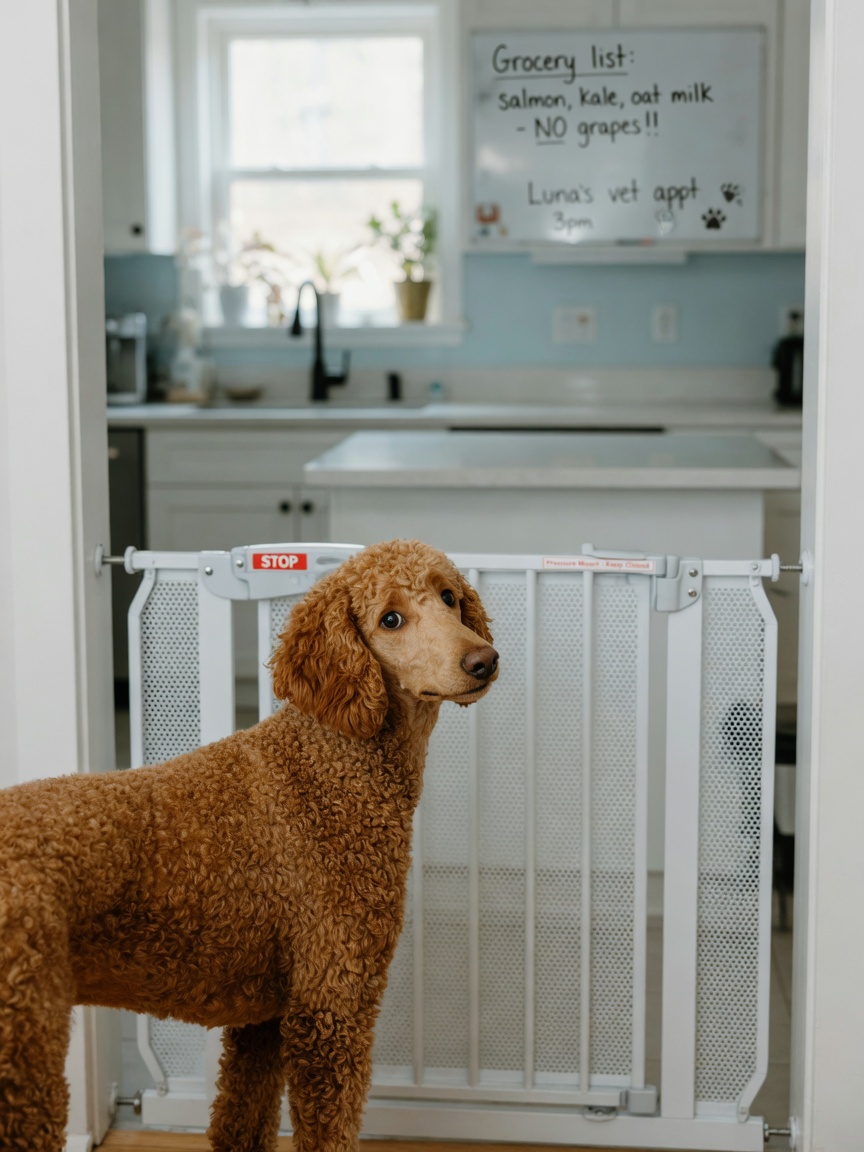 Standard Poodle blocked by a baby gate at the kitchen entrance with clear counters visible beyond