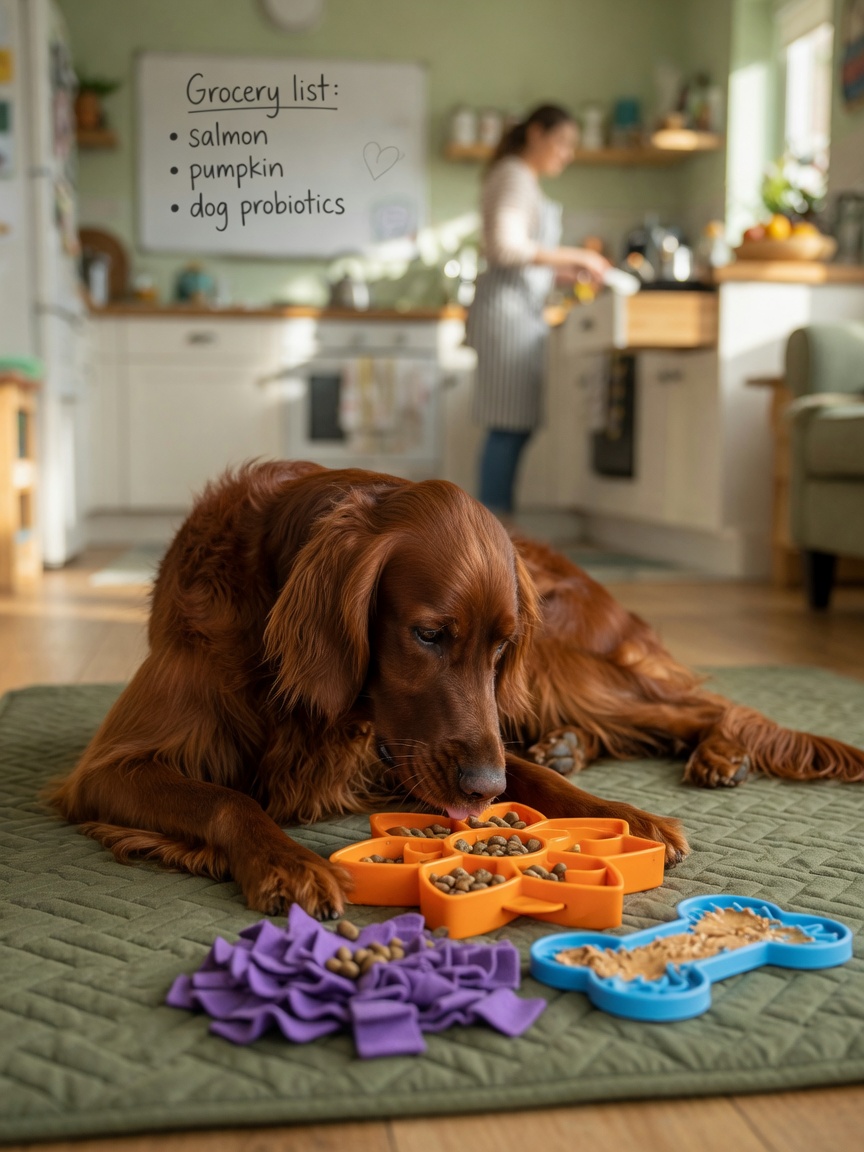 Irish Setter lying on a mat focused on puzzle feeder toy while kitchen activity occurs in the background