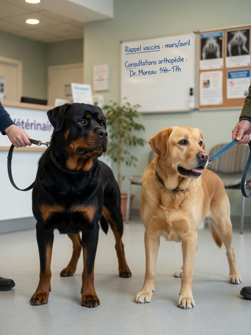 Rottweiler and Labrador Retriever in veterinary clinic, breeds predisposed to cruciate ligament rupture