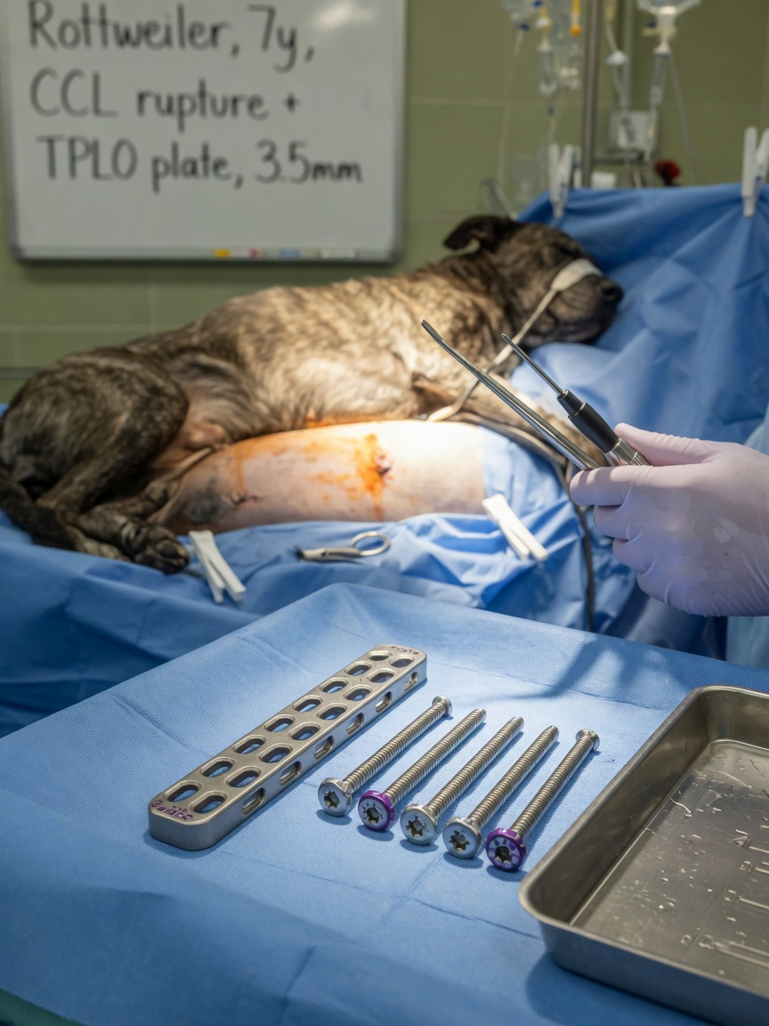 Orthopedic surgical instruments including metal plate and screws prepared for TPLO or TTA knee surgery on dog