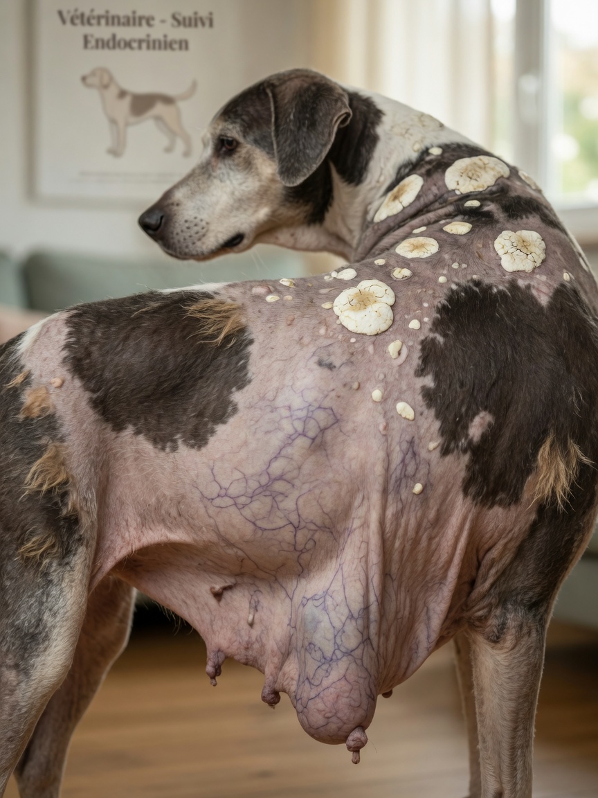 Close-up of Cushing's disease symptoms on a dog showing hair loss, abdominal enlargement, and skin changes