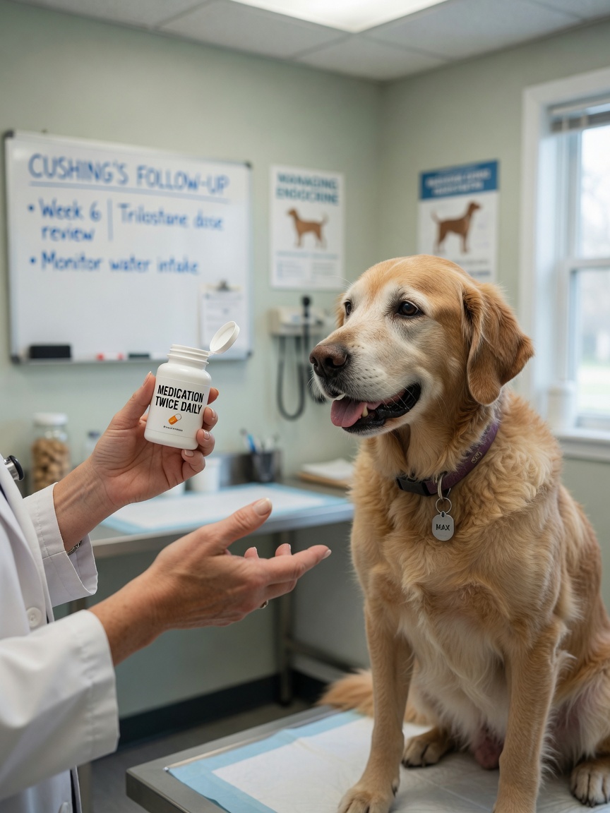 Veterinarian discussing treatment options with a pill bottle during consultation for a dog with Cushing's disease