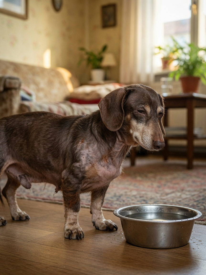 Dachshund anciano mostrando síntomas característicos del Cushing incluyendo barriga, pérdida de pelo y letargo