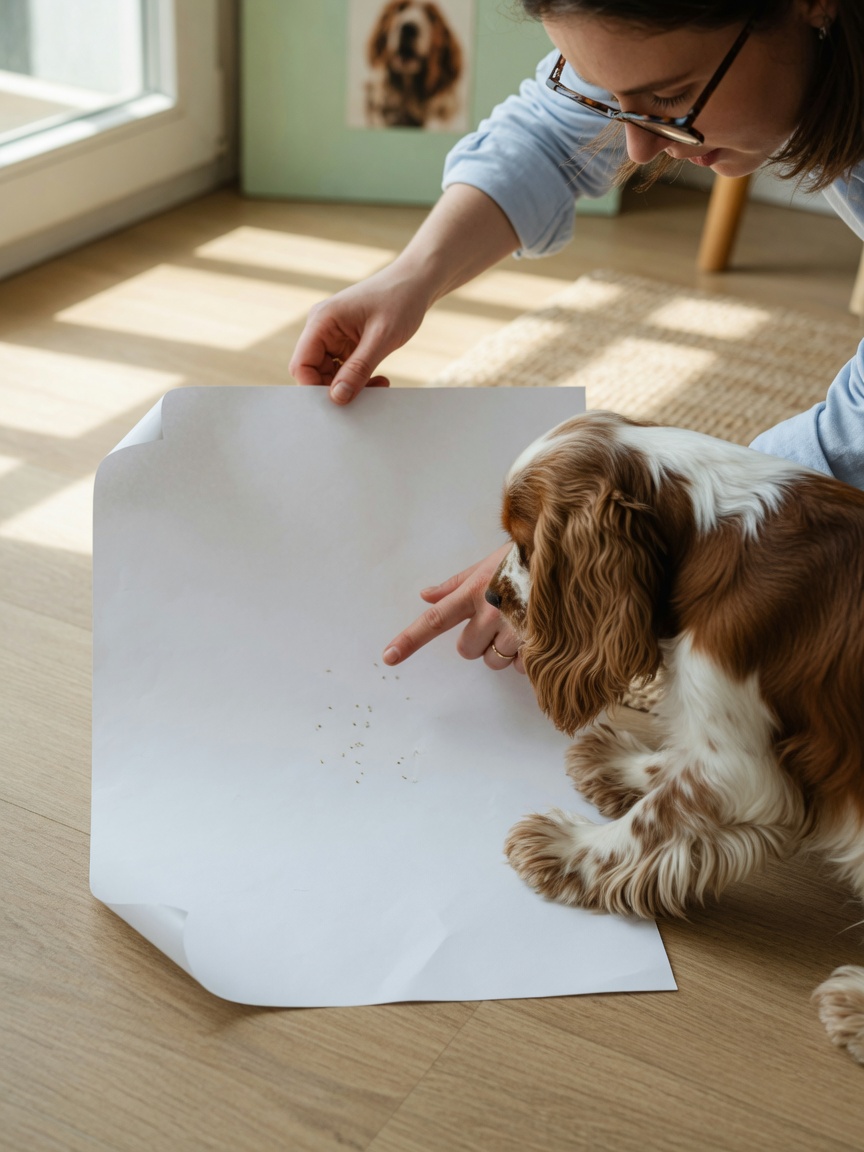Overhead view of white paper under a Cocker Spaniel during a Cheyletiella mite diagnostic test, with owner observing for moving specks