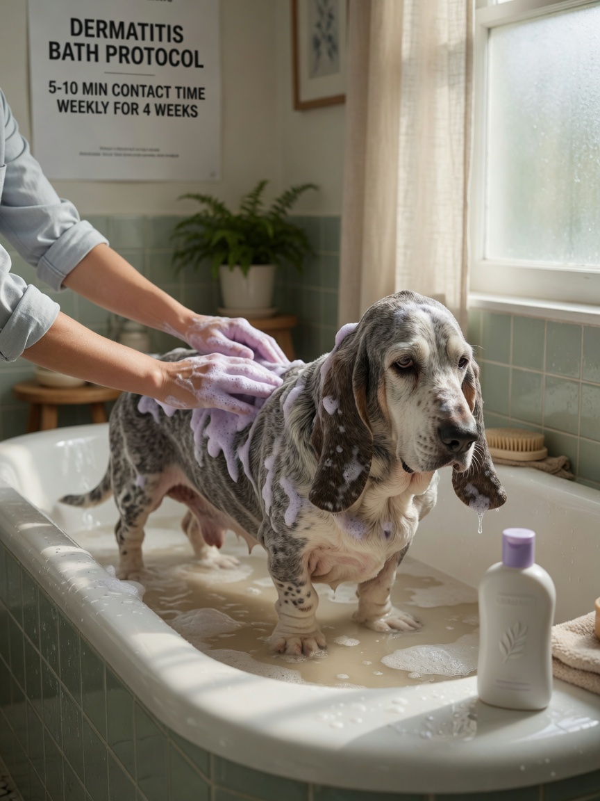 Basset Hound being gently bathed with medicated shampoo in a warm bath, showing the therapeutic treatment process for dandruff