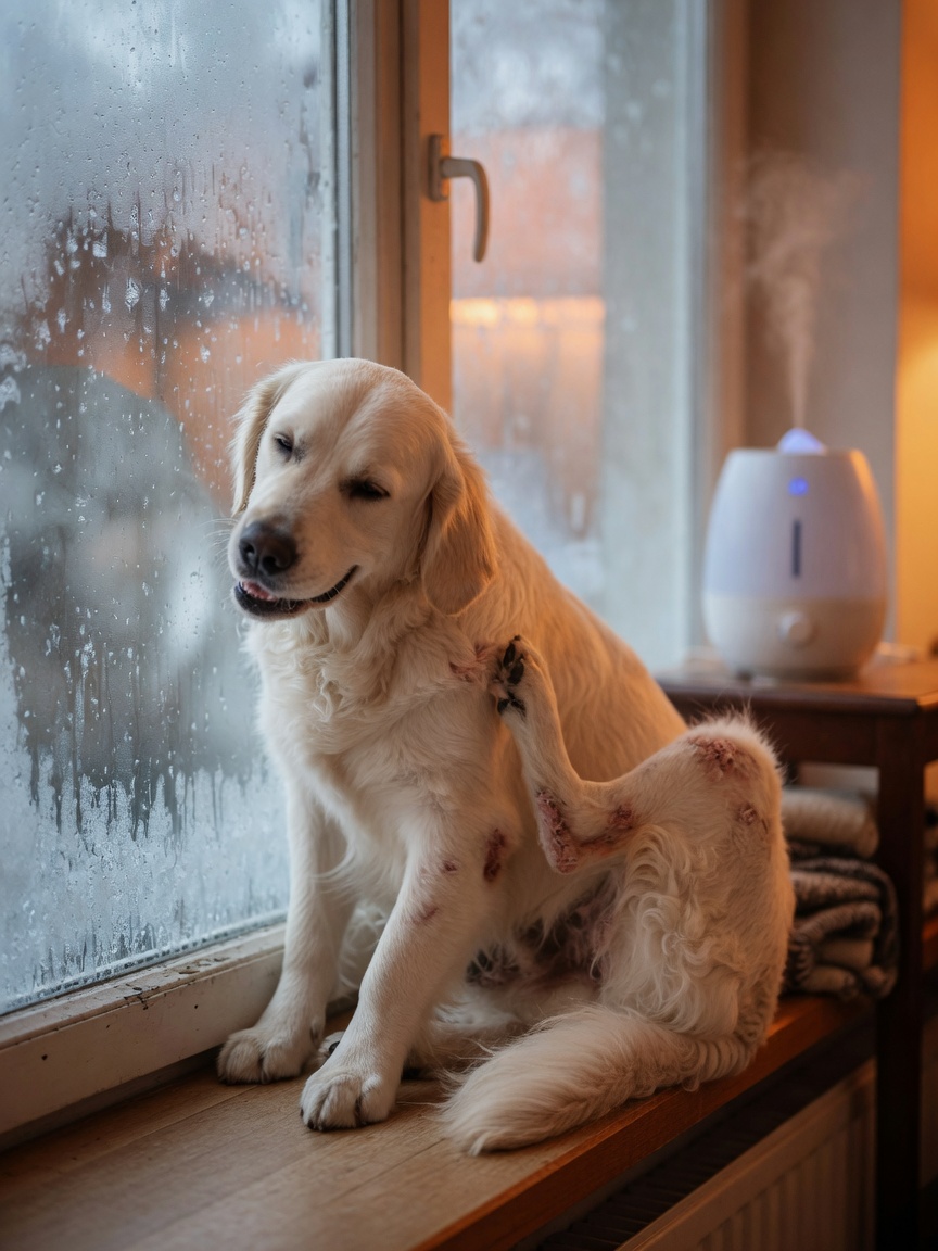 Golden Retriever scratching at neck by frosted winter window, showing discomfort from dry skin