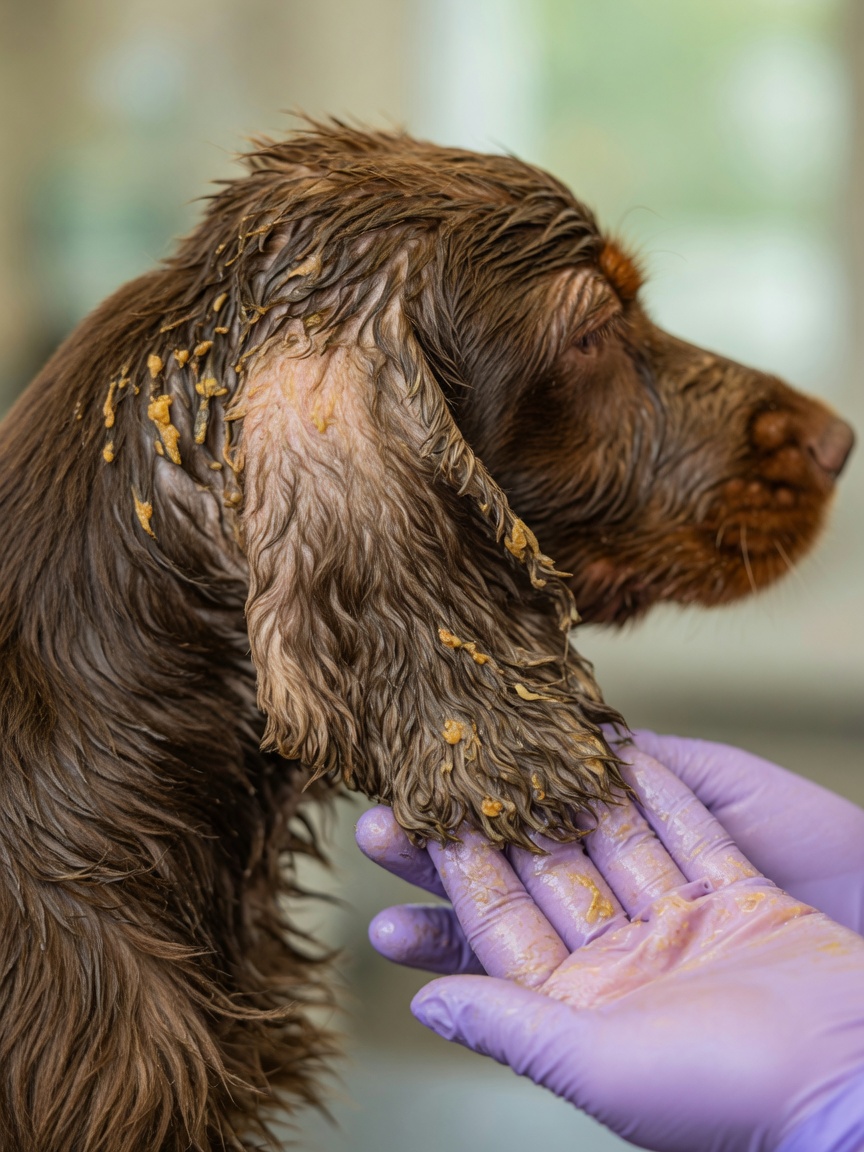 Cocker Spaniel showing oily, clumped coat with waxy seborrhoea build-up examined by veterinarian's gloved hand