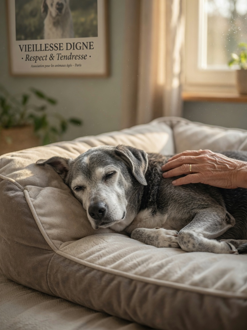 Elderly dog resting peacefully on soft bedding with owner's gentle hand on its back, warm window light