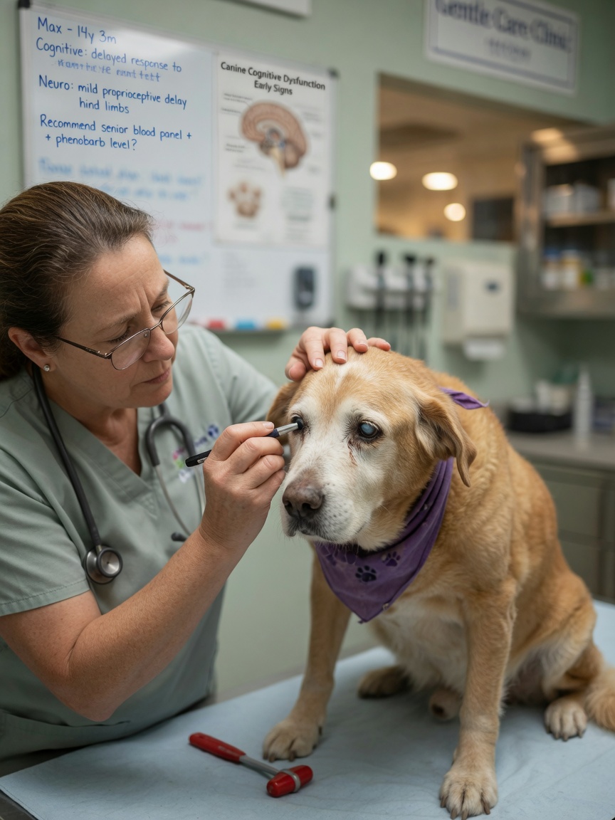 Veterinarian gently examining elderly dog's head and eyes during cognitive assessment at vet clinic