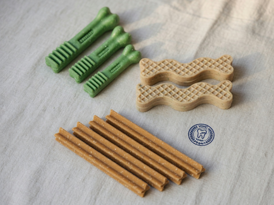 Selection of VOHC-approved dental chew products including Greenies, OraVet, and Dentastix arranged on a neutral surface with warm lighting.