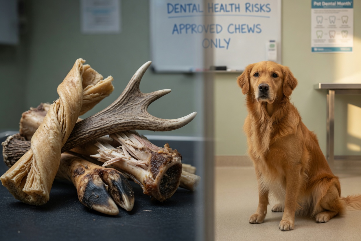 Golden retriever separated from a display of dangerous chew materials including rawhide, antler, cooked bone, and hoof, illustrating safety hazards to avoid.