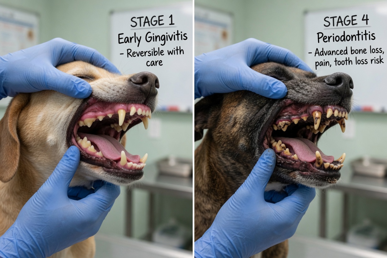 Side-by-side comparison of healthy dog teeth versus advanced periodontal disease showing tartar buildup and gum damage