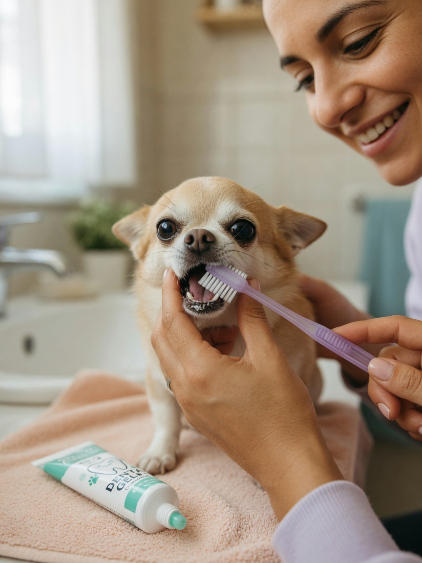 Owner demonstrating correct tooth brushing technique on a small dog's upper teeth at a 45-degree angle