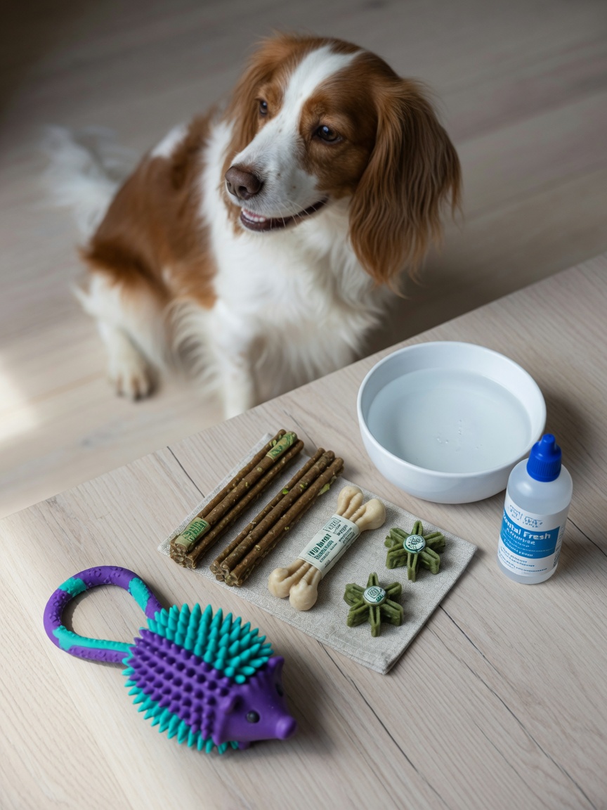 Arrangement of dental care products including dental chews, toys, and water additives with a dog observing in the background