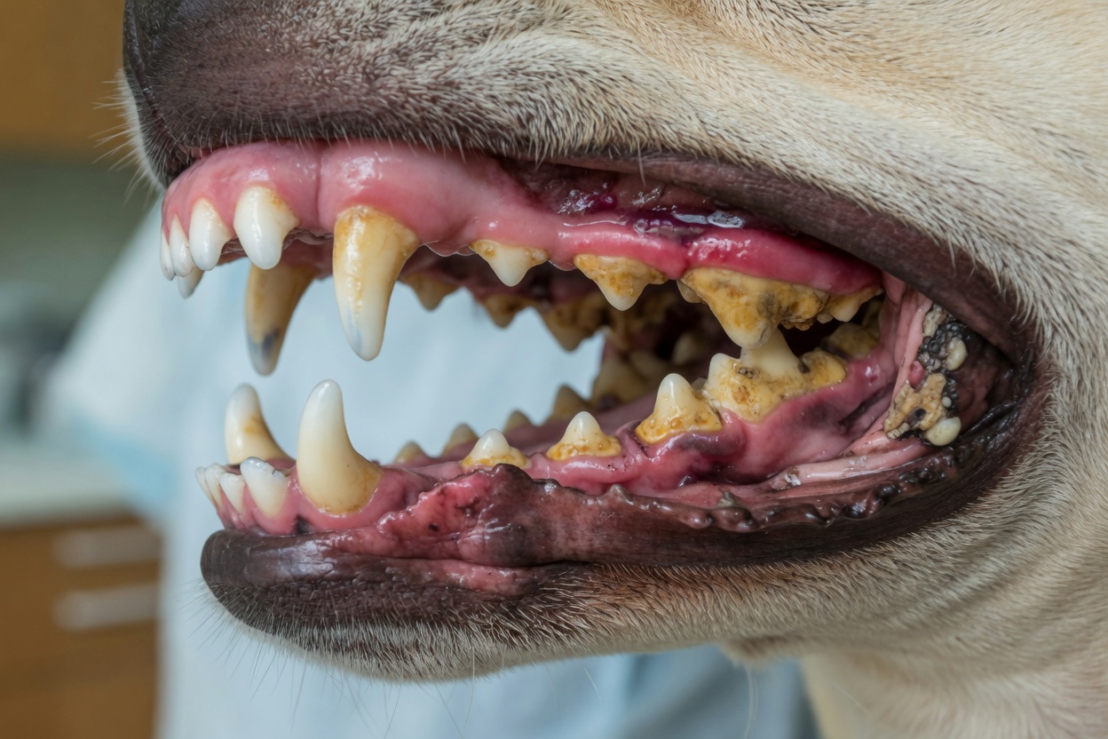 Side-by-side comparison of healthy dog teeth and teeth with tartar buildup and gum disease