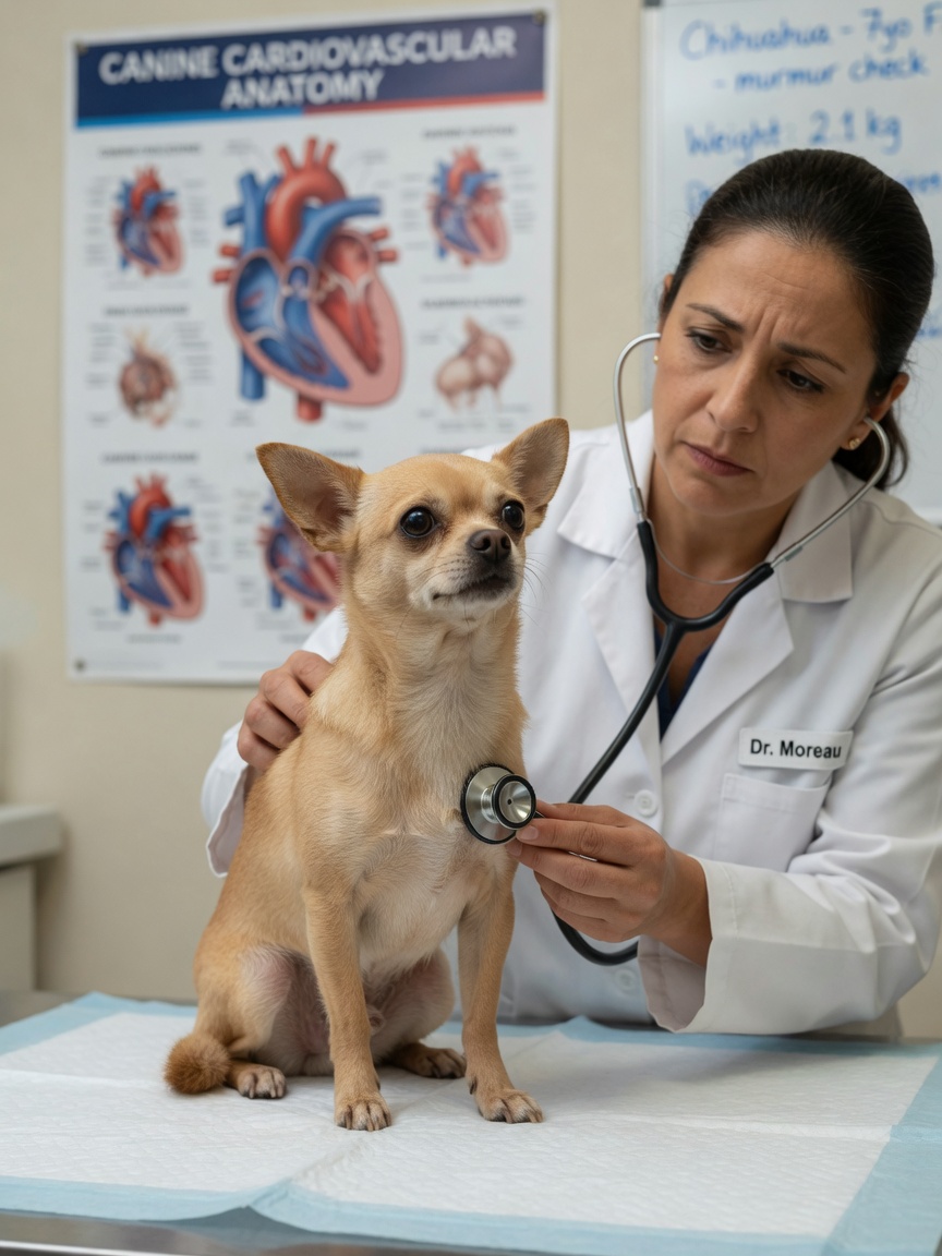 Veterinarian examining a small breed dog's heart with a stethoscope during cardiac assessment