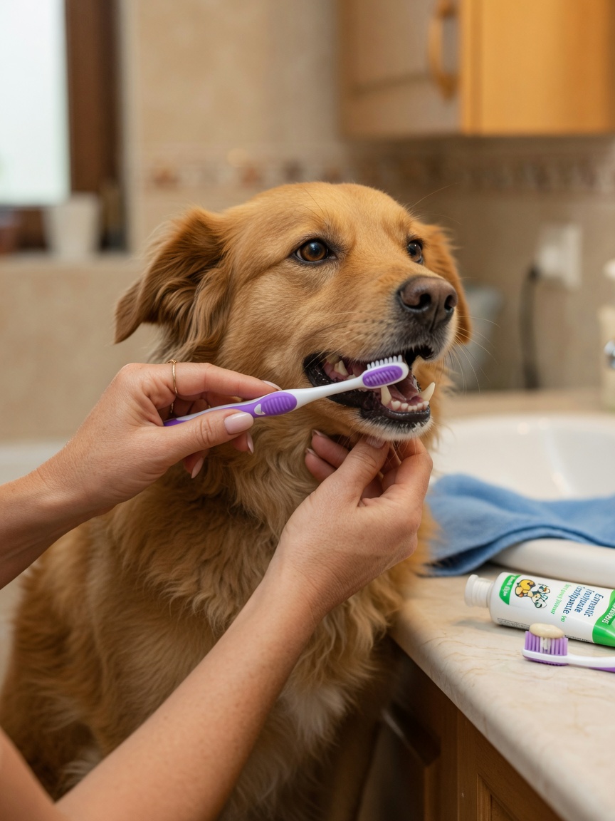 Dog owner gently brushing a golden retriever's teeth with a dog toothbrush during a daily dental care routine