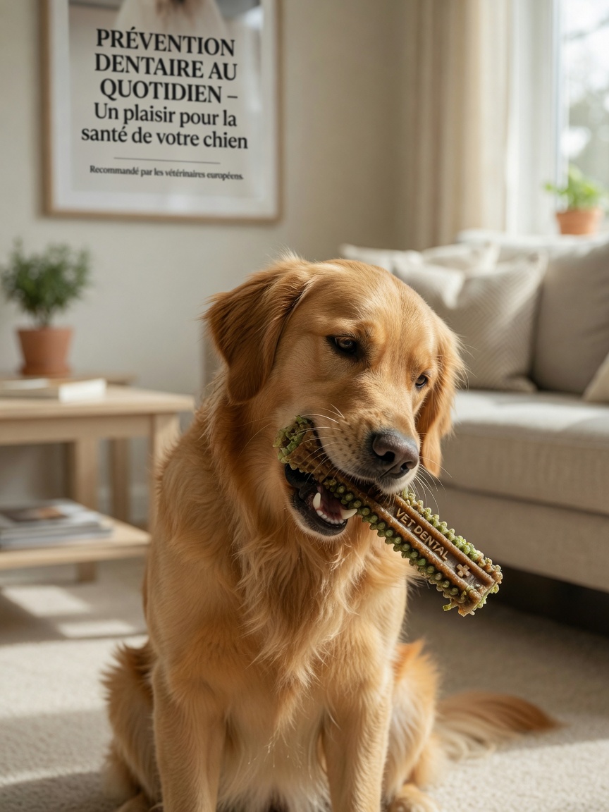 Dog chewing on a dental chew toy as part of preventive oral health care routine