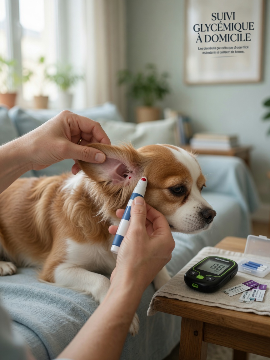 Dog owner performing home blood glucose monitoring on their dog's ear with a lancing device