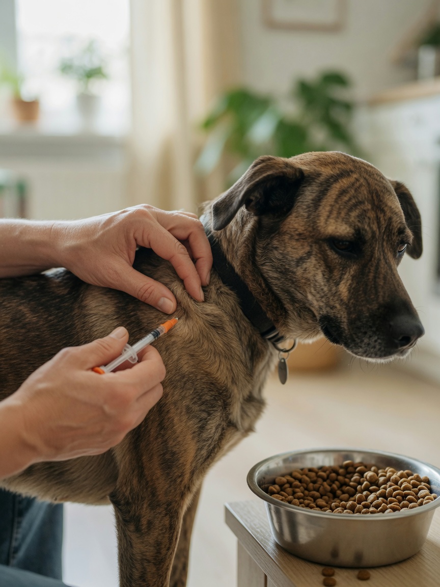 Owner administering insulin injection to calm dog during mealtime routine
