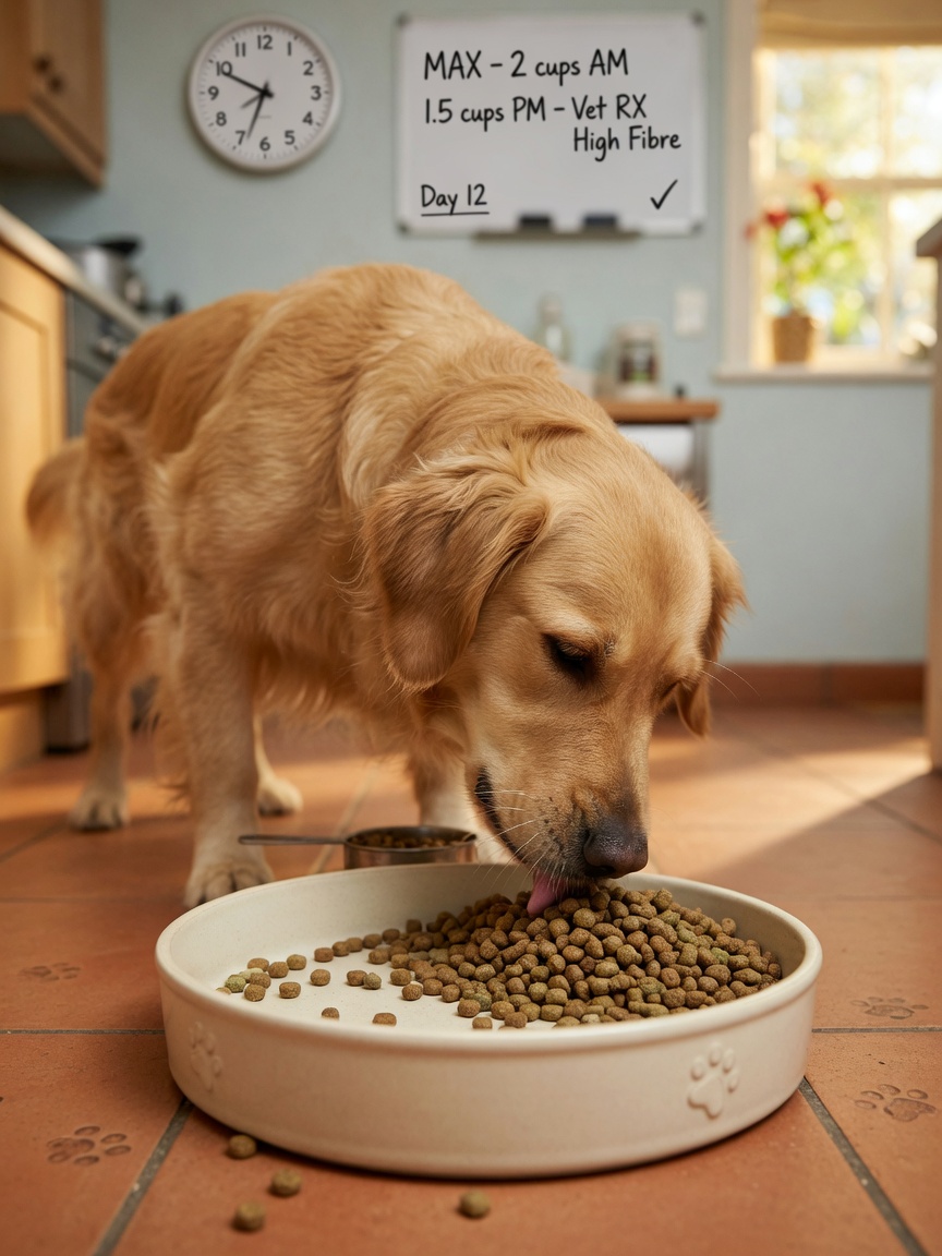Diabetic dog eating measured portions of high-fibre prescription food at scheduled mealtime