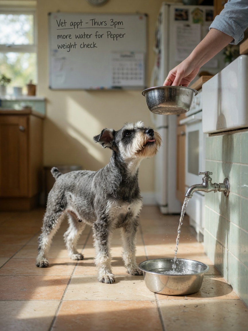 Thirsty miniature schnauzer drinking from a refilled water bowl at home, showing signs of excessive drinking