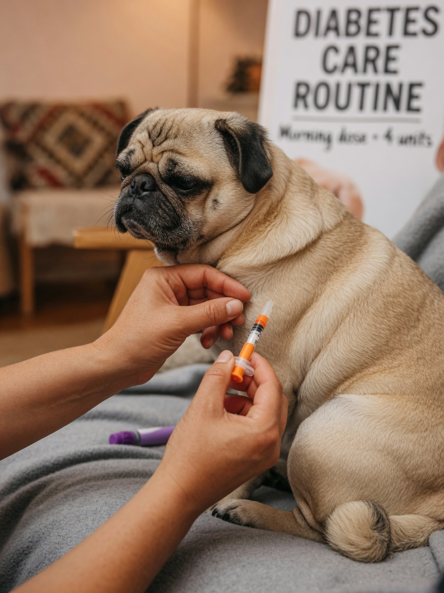 Dog owner administering subcutaneous insulin injection into Pug's neck scruff during daily diabetes management routine