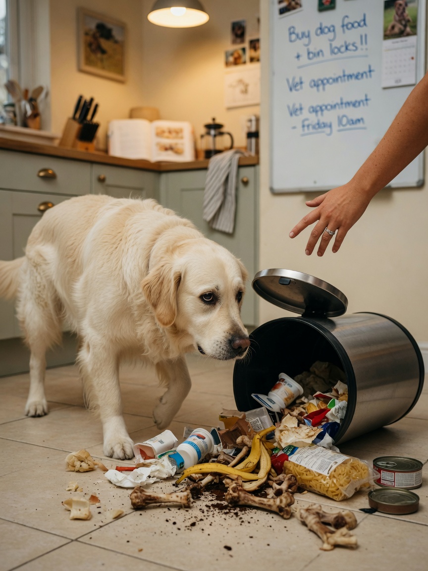 Dog investigating overturned rubbish bin with scattered food scraps in kitchen