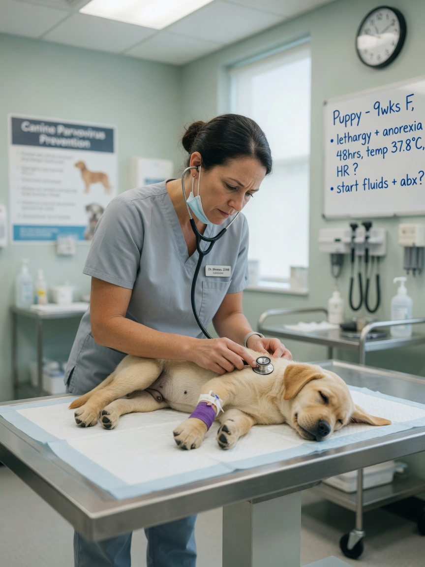 Veterinarian examining unwell puppy on clinic table during emergency visit