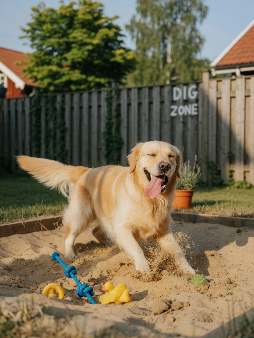 Dog happily playing in a designated sandy digging zone with partially buried toys