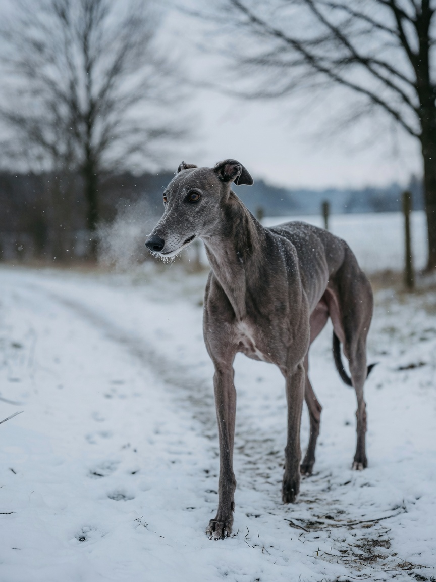 A thin-coated Greyhound walking outdoors in cold, snowy winter weather, showing its vulnerable coat and body structure exposed to harsh, dry air.