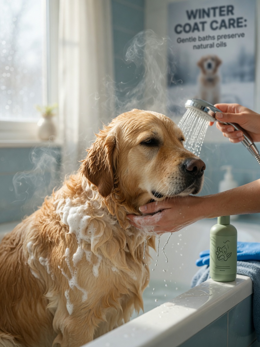 A dog being gently bathed in warm water with proper dog shampoo, showing correct bathing technique to avoid stripping natural oils from the coat.