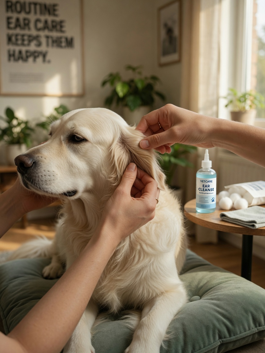 Besitzer, der die richtige Ohrmassagetechnik bei einem Golden Retriever während der Hauspreinigung demonstriert