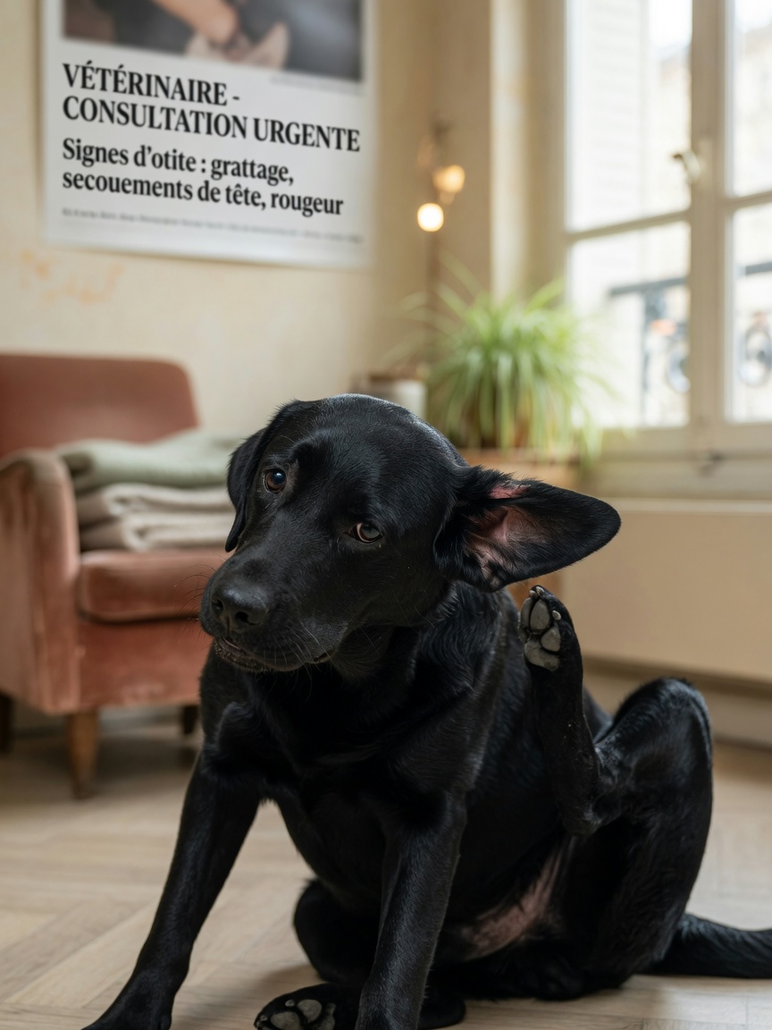 Black Labrador showing signs of ear discomfort by scratching at its ear with hind leg