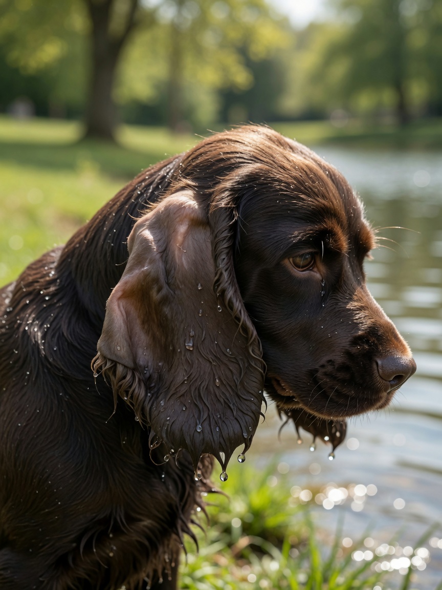 Cocker Spaniel with moist, floppy ears after swimming, showing moisture accumulation in ear canal
