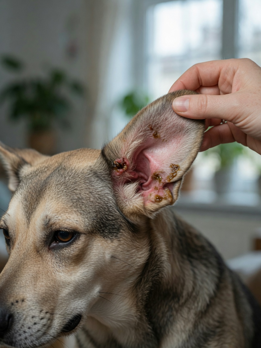 Close-up view of infected dog ear showing redness, swelling, and brown discharge